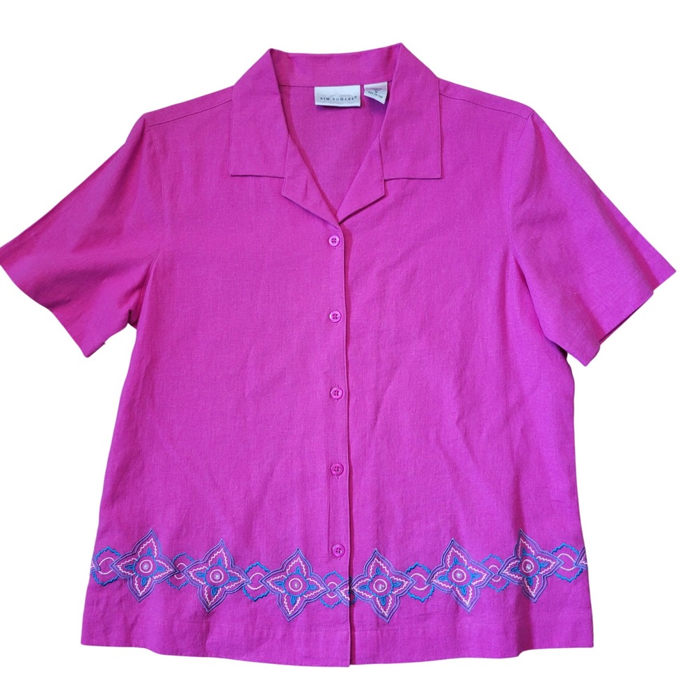 Kim Rogers M Button Up Blouse Fuchsia Pink Embroidered Linen Camp Shirt Coastal